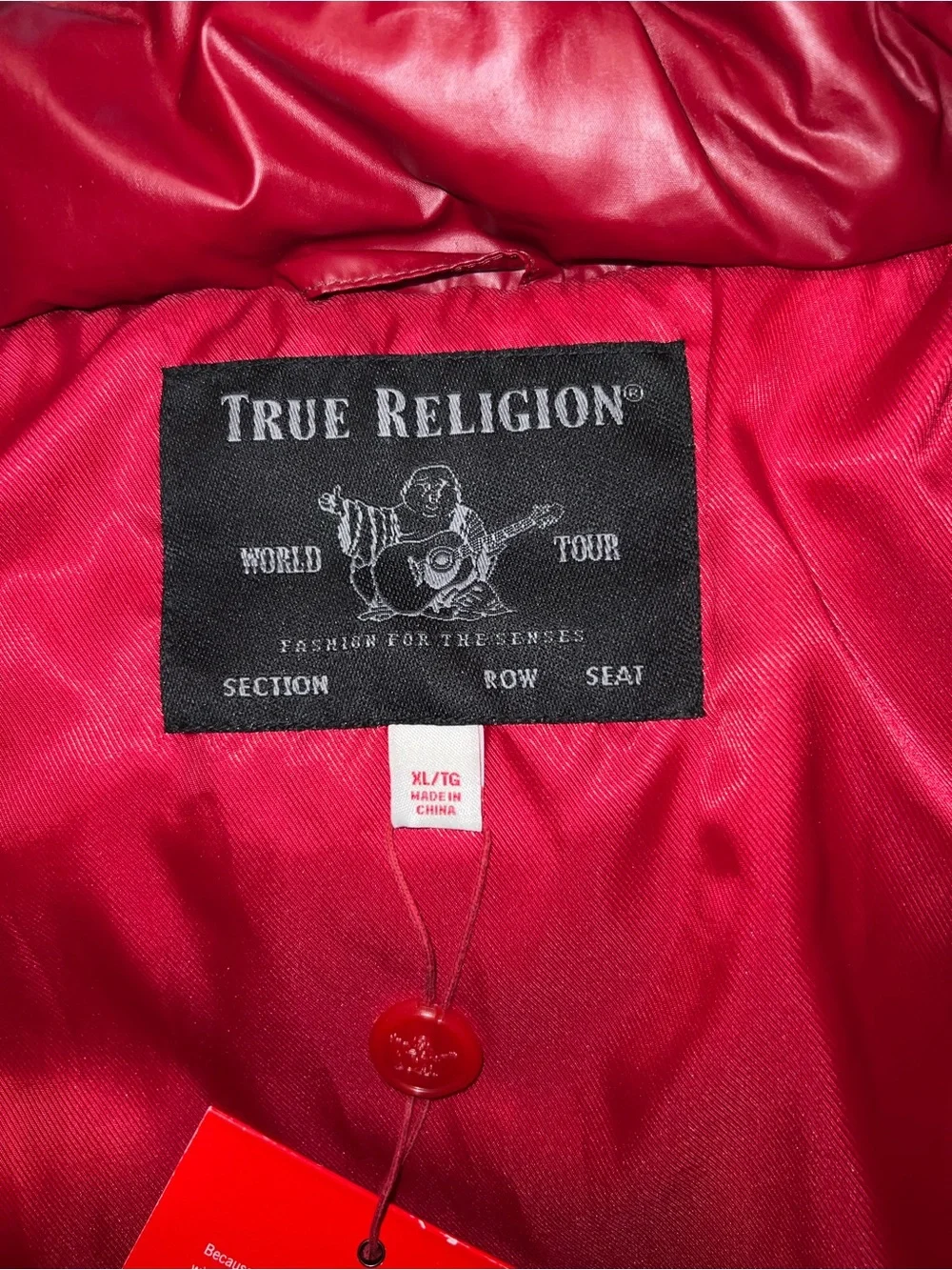 True Religion Red Satin-Look Jacket Interior with Branded Tag